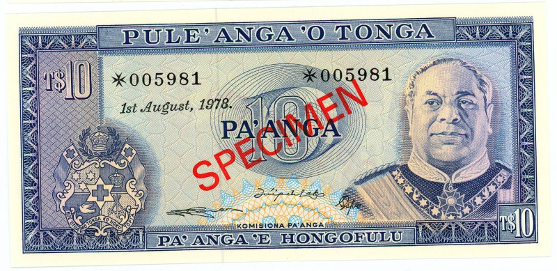 Tonga 10 Pa'anga 1978 Specimen

P# 22s, # 005981; UNC