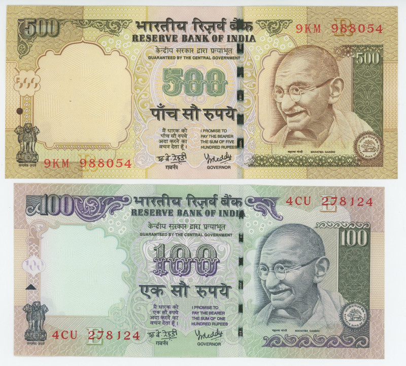 India 100 - 500 Rupees 2006 - 2008

P# 98,99, # 9KM 988054 # 4CU 278124; UNC