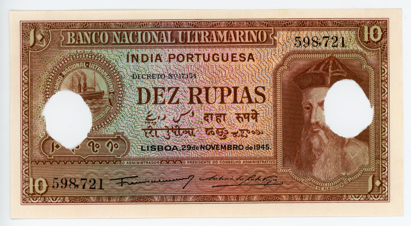 Portuguese India 10 Rupias 1945 Cancelled Note

P# 36, N# 215921; #598721; UNC