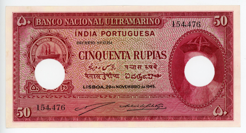 Portuguese India 50 Rupias 1945 Cancelled Note

P# 38, N# 215926; #154476; UNC