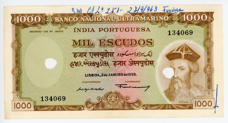 Portuguese India 1000 Escudos 1959 Cancelled Note

P# 46, N# 215823; # 134069;...