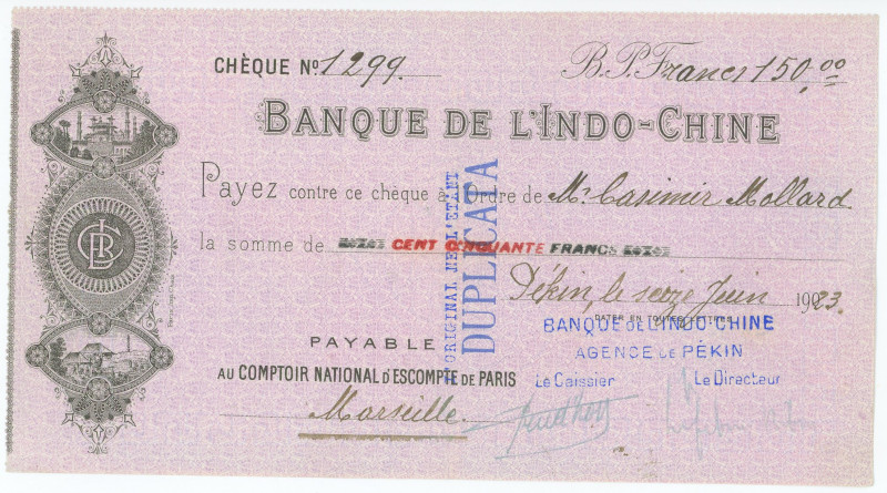 China Banque de l'Indo-Chine Cheque for 150 Francs Peking Beijing Agency 1923
...