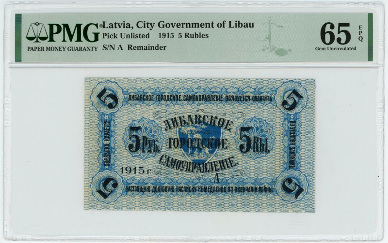 Latvia Libava 5 Roubles 1915 PMG 65EPQ Gem UNC

N# 363185