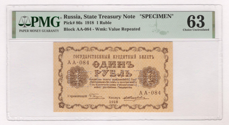 Russia - RSFSR 1 Rouble 1918 Specimen PMG 63 Choice UNC

P# 86s, # AA-084