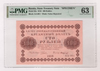 Russia - RSFSR 100 Roubles 1918 Specimen PMG 63 Choice UNC