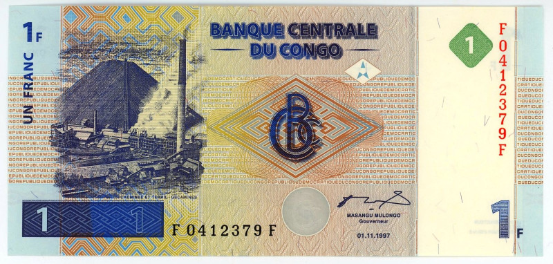 Congo Democratic Republic 1 Franc 1997

P# 85, N# 219063; # F 0412379 F; UNC