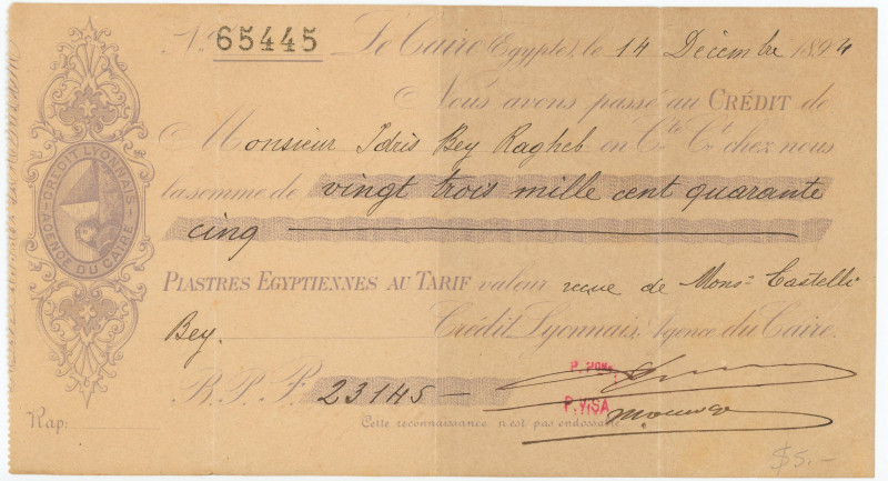 Egypt Egypt Credit Lyonnais Agence de Cairo Cheque for 23145 Egyptian Piastres F...