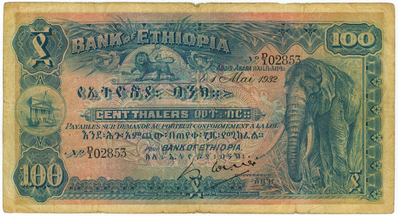 Ethiopia 100 Thalers 1932

P# 10, N# 297434; # D/1 02853; F