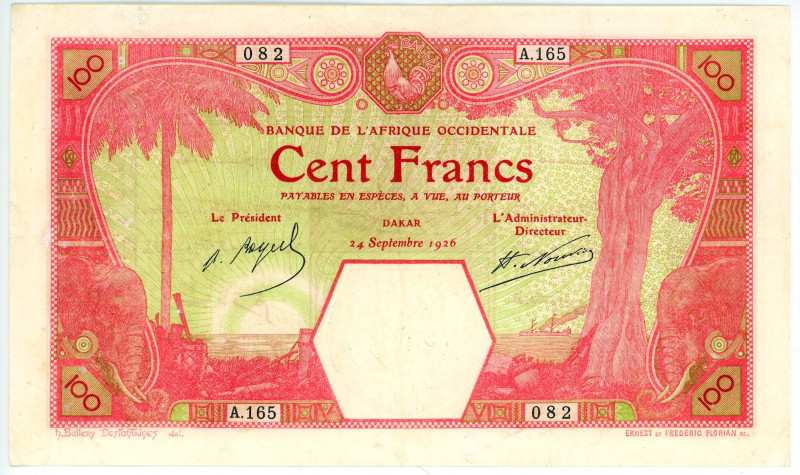 French West Africa Dakar 100 Francs 1926 B

P# 11Bb, N# 268354; # A.165 082; X...