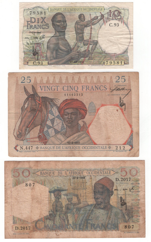 French West Africa 10 - 25 - 50 Francs 1937 - 1952

P# 22, 37, 39, G/VG