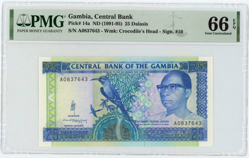 Gambia 25 Dalasis 1991 - 1995 (ND) PMG 66EPQ Gem UNC

P# 14a, N# 235399; # A08...