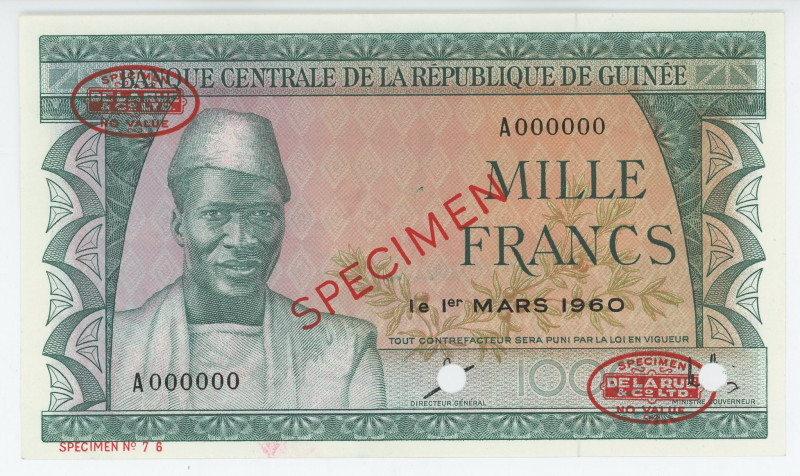 Guinea 1000 Francs 1960 Specimen

P# 15s, N# 242230; # A 000000 76; UNC, Pinho...