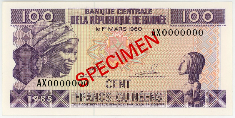 Guinea 100 Francs 1985 Specimen

P# 30s, N# 207340; # AX0000000; UNC