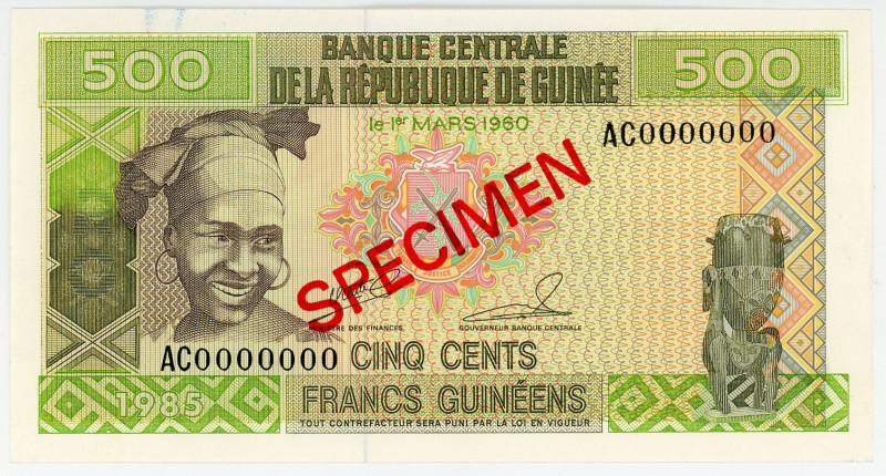 Guinea 500 Francs 1985 Specimen

P# 31s, N# 220655; # AC0000000; UNC