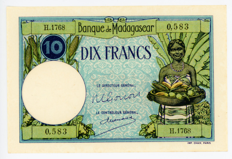 Madagascar 10 Francs 1937 - 1947 (ND)

P# 36, N# 206487; # H.1768 0.583; AUNC-...