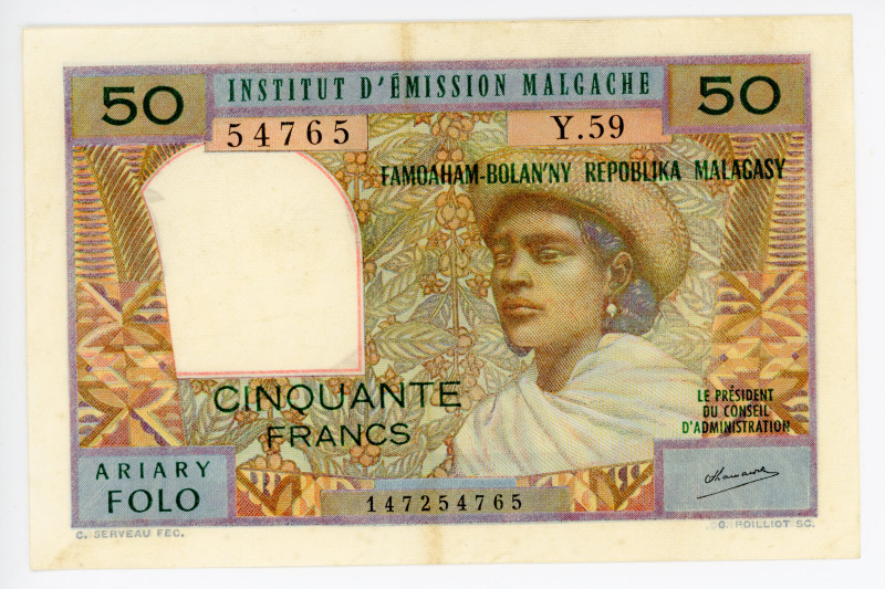 Madagascar 50 Francs 1969 (ND)

P# 61, N# 210069; # Y.59 54765; Rare sign; XF