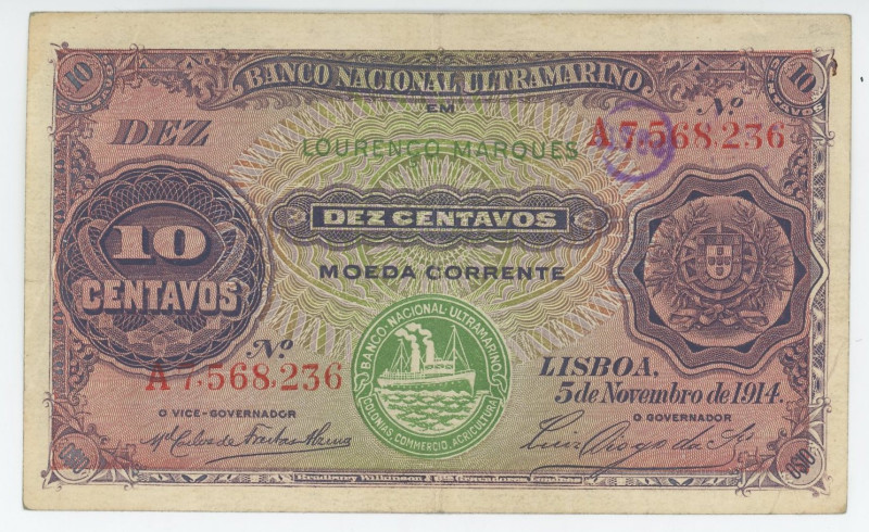 Mozambique 10 Centavos 1914

P# 53, N# 272795; # A 7568236; VF/XF