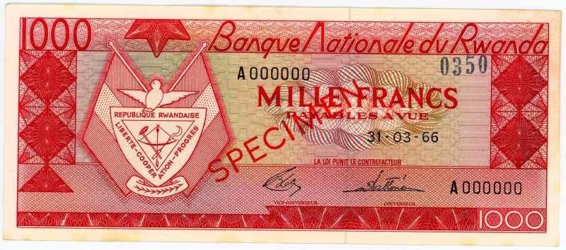 Rwanda 1000 Francs 1966 Specimen

P# 10s, N# 259103; # A000000; UNC