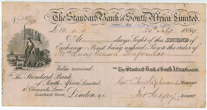 South Africa The Standard Bank of South Africa Limited Bill of Exchange for £10 ...