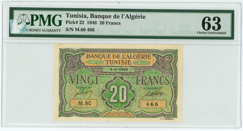 Tunisia 20 Francs 1948 PMG 63 Choice UNC

P# 22, N# 242857; # M.80 466