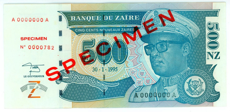 Zaire 500 Nouveaux Zaires 1995 Specimen

P# 65s, N# 230192; # A 0000000 A; № 0...