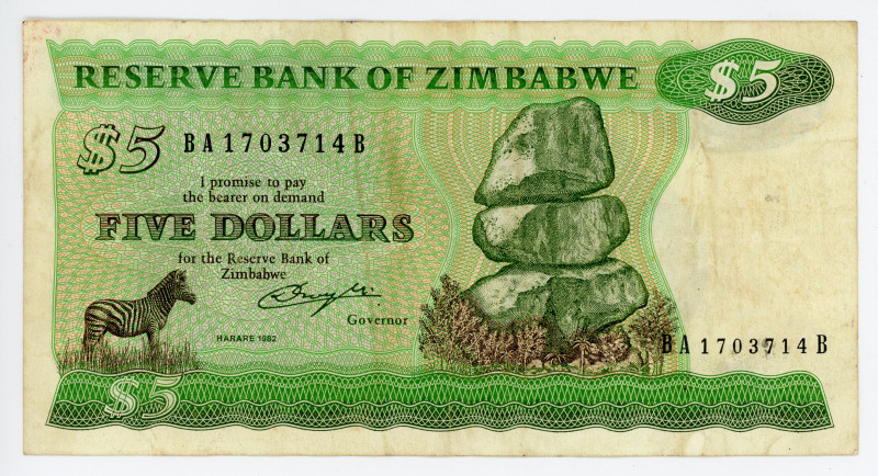 Zimbabwe 5 Dollars 1982

P# 2b, # BA1703714B; Rare year; VF