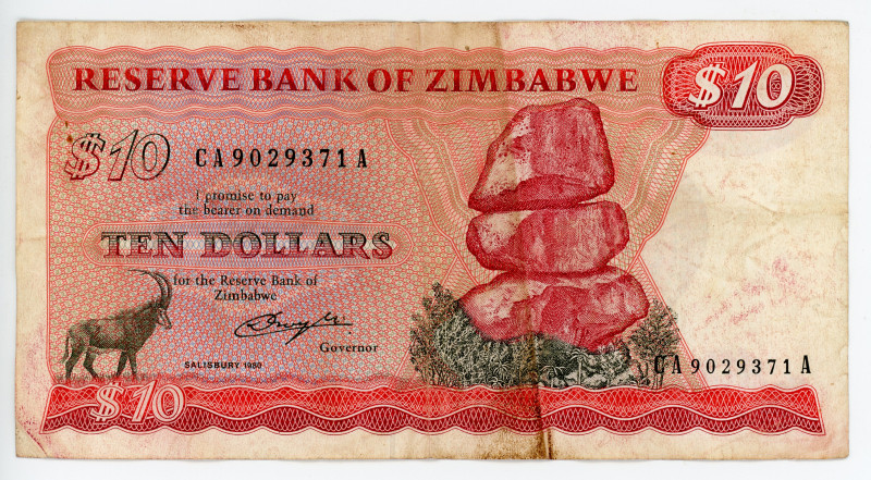 Zimbabwe 10 Dollars 1980

P# 3, # CA9029371A; Rare year; VF