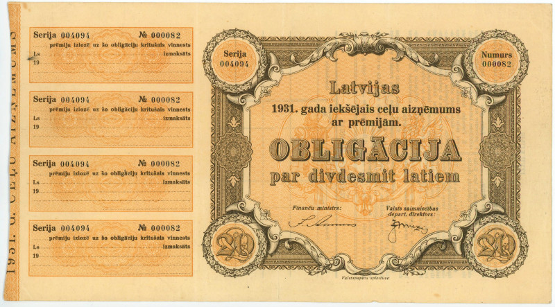 Latvia Bond for 20 Lats 1931

# 004094 000082; VF