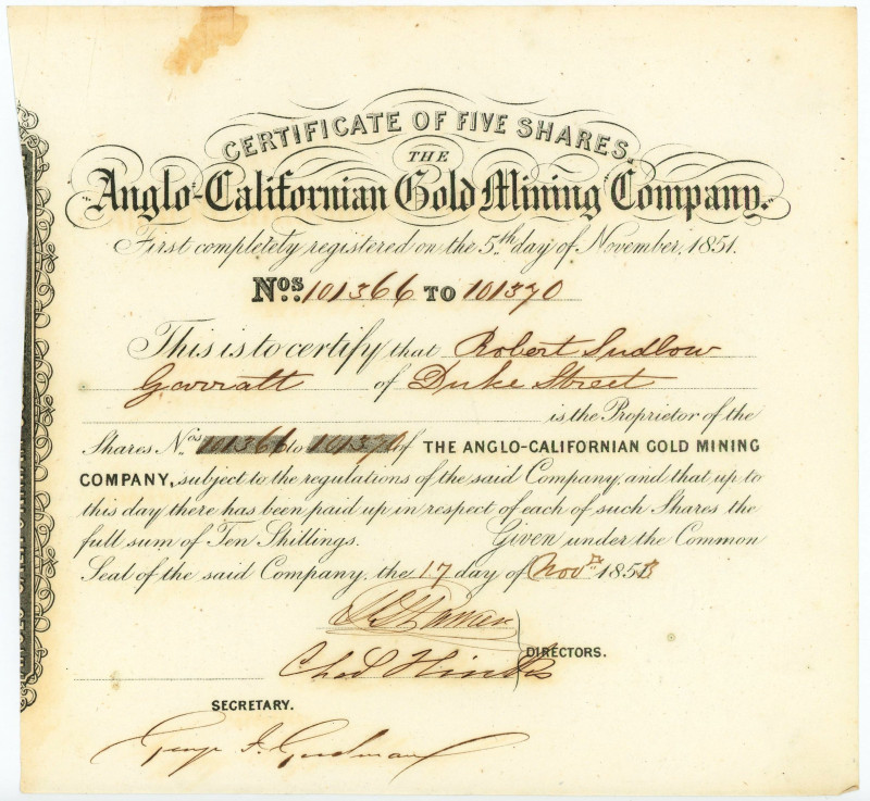 United States Anglo-Californian Gold Mining Company Ltd 5 Shares of 10 Shilling ...