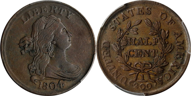 1804 Draped Bust Half Cent. C-10. Crosslet 4, Stems to Wreath. AU-50 (PCGS).

...