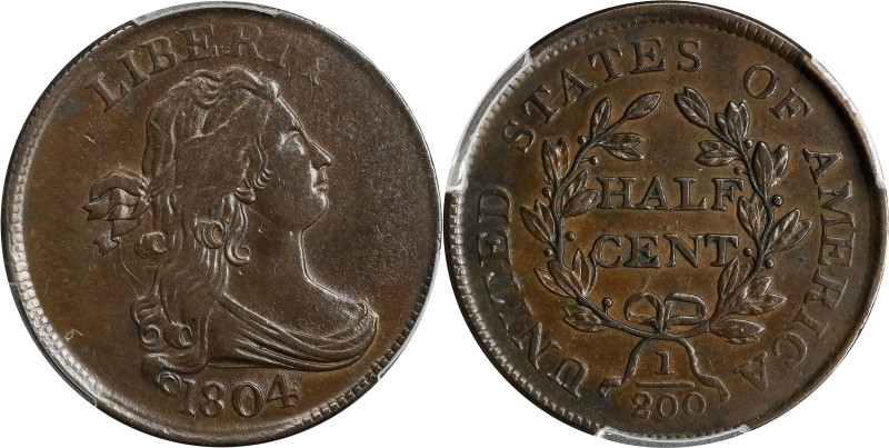 1804 Draped Bust Half Cent. C-12. Crosslet 4, Stemless Wreath. AU-55 (PCGS). CAC...