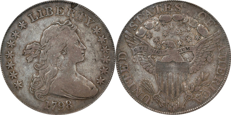 1798 Draped Bust Silver Dollar. Heraldic Eagle. BB-123, B-25. Pointed 9, Close D...