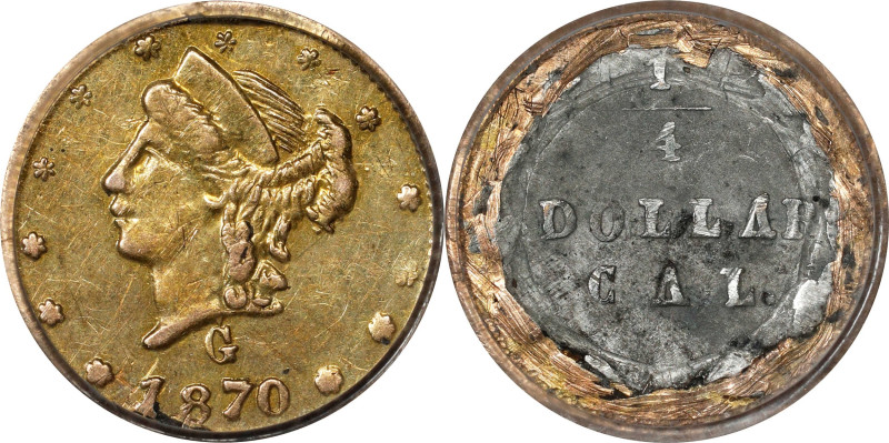 1870-G Round 25 Cents. BG-835. Rarity-3. Liberty Head. AU Details--Mount Removed...