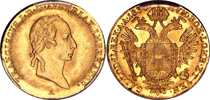 Austria 1 Dukat 1830 A PCGS MS63

KM# 2171, N# 33430; Gold (.986) 3.49 g.; Fra...