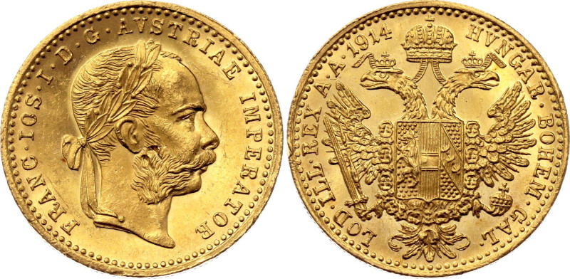 Austria 1 Dukat 1914 

KM# 2267, Schön# 1, N# 26247; Gold (.986) 3.49 g.; Fran...