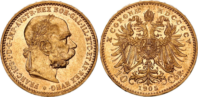 Austria 10 Corona 1905 MDCCCV

KM# 2805, N# 33244; Gold (.900) 3.38 g.; Franz ...