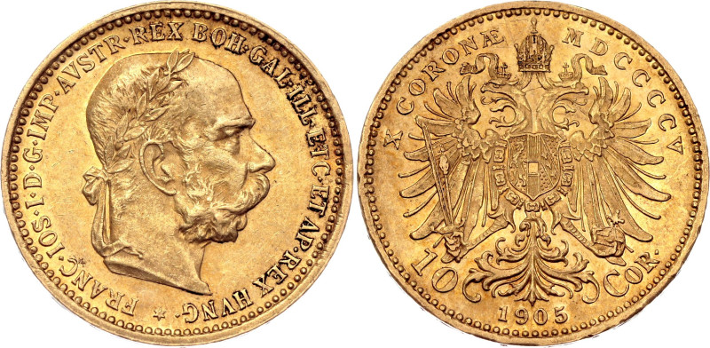 Austria 10 Corona 1905 MDCCCV 

KM# 2805, N# 33244; Gold (.900) 3.38 g.; Franz...