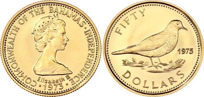 Bahamas 50 Dollars 1975

KM# 69, N# 47011; Gold (.917) 2.73 g., Proof; Elizabe...