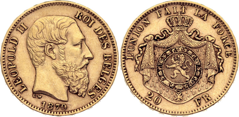 Belgium 20 Francs 1870

KM# 37, N# 7499; Gold (.900) 6.45 g.; Leopold II; Brus...