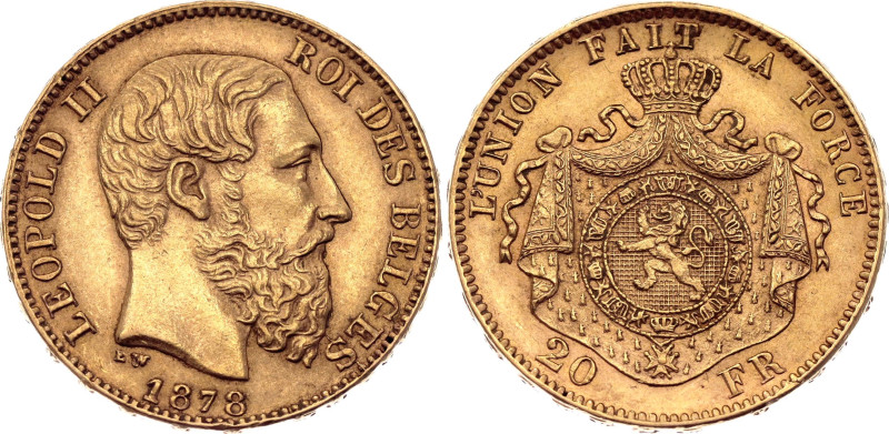 Belgium 20 Francs 1878

KM# 37, N# 7499; Gold (.900) 6.45 g.; Leopold II; Brus...