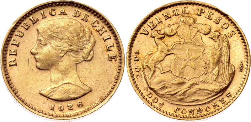 Chile 20 Pesos 1926 So

KM# 168, N# 34945; Gold (.900) 4.07 g.; Santiago Mint;...