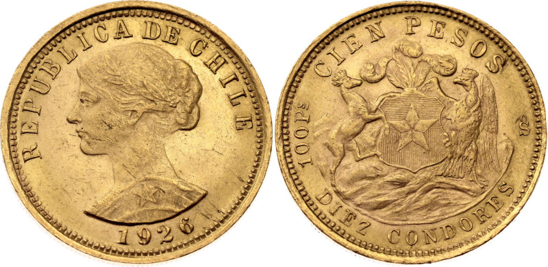 Chile 100 Pesos 1926 So

KM# 170, N# 34942; Gold (.900) 20.34 g.; Santiago Min...