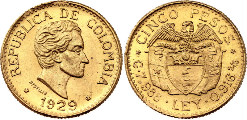 Colombia 5 Pesos 1929

KM# 204, N# 35044; Gold (.917) 7.99 g.; Medellin Mint; ...