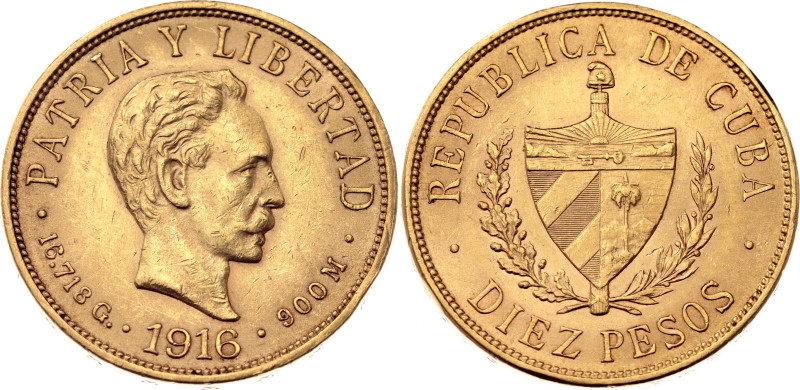 Cuba 10 Pesos 1916

KM# 20, N# 20956; Gold (.900) 16.72 g.; José Martí; Philad...