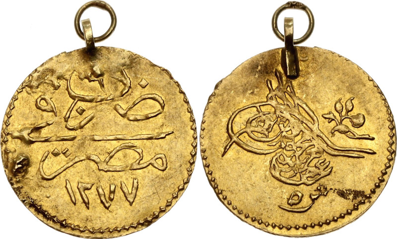Egypt 5 Qirsh 1865 AH 1277//6 

KM# 255, N# 15232; Gold (.875) 0.38 g., 13 mm....