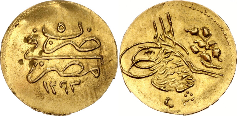 Egypt 5 Qirsh 1879 AH 1293//5 

KM# 280, N# 36890; Gold (.875) 0.42 g., 12 mm....