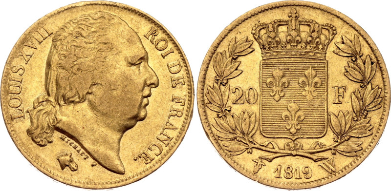 France 20 Francs 1819 W

KM# 712.9, N# 7366; Gold (.900) 6.45 g.; Louis XVIII;...