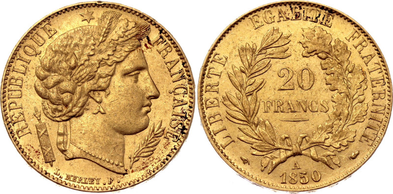 France 20 Francs 1850 A

KM# 762, N# 8003; Gold (.900) 6.45 g.; Paris Mint; XF...