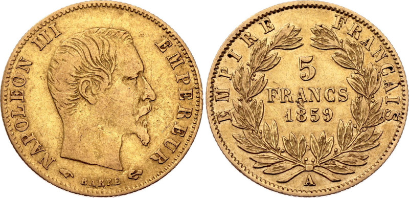 France 5 Francs 1859 A

KM# 787.1, N# 7167; Gold (.900) 1.61 g.; Napoleon III;...