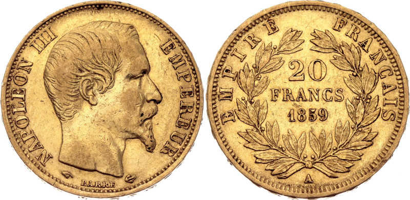 France 20 Francs 1859 A

KM# 781.1, N# 3390; Gold (.900) 6.45 g.; Napoleon III...